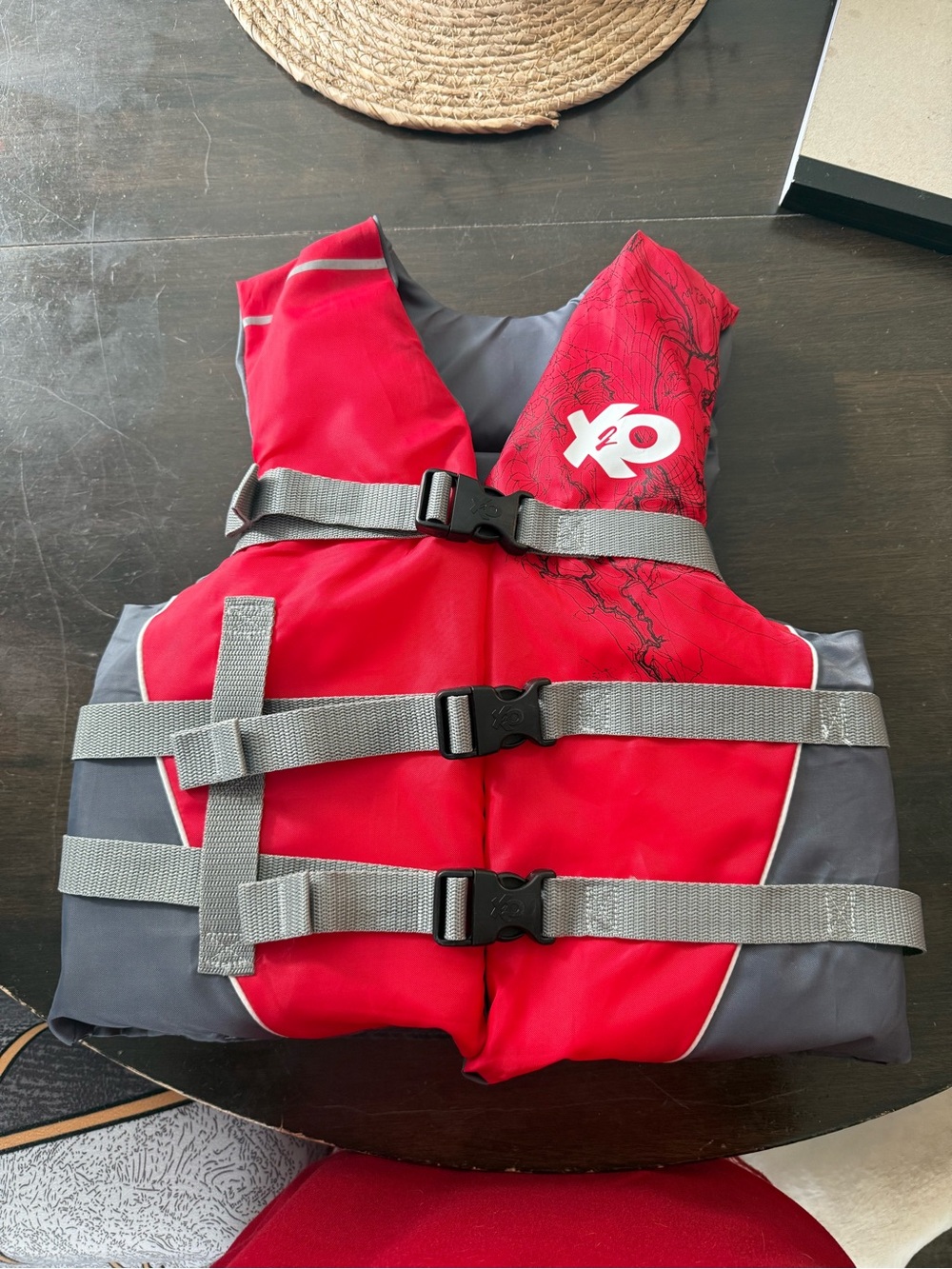 Red and Gray Life Vest with White Logo